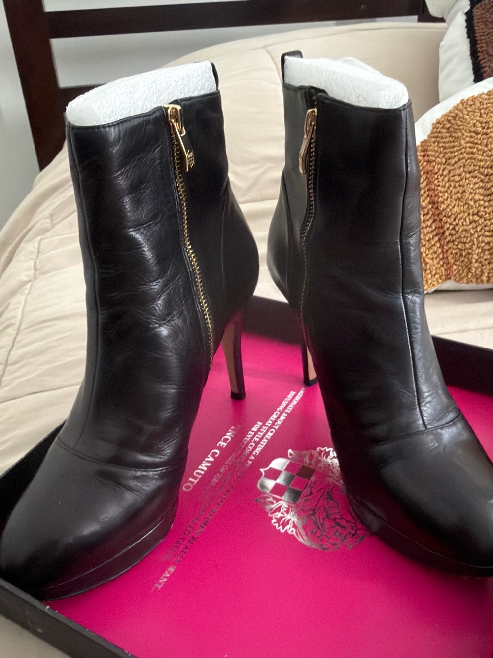 Vince Camuto Black Leather Stiletto Ankle Booties with Gold Zipper